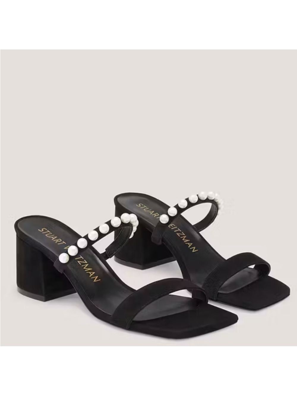 NWOB Stuart Weitzman Black Pearl-Embellished Block Heel Sandals